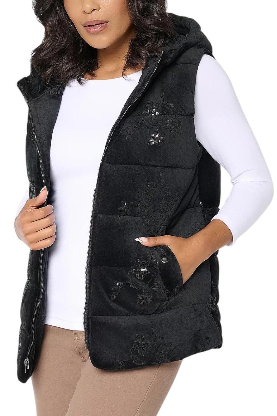 Dennis Basso Women's Velvet Puffer Vest with Sequins Black - Petite